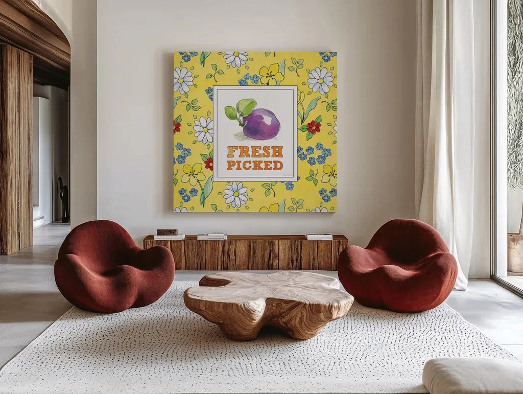 Fresh From the Garden VI by Beth Grove. Shown as extra-large giant wall art in a modern living room. Available as an archival giclee rolled canvas, fine art paper, or poster print. SKU 31982a.