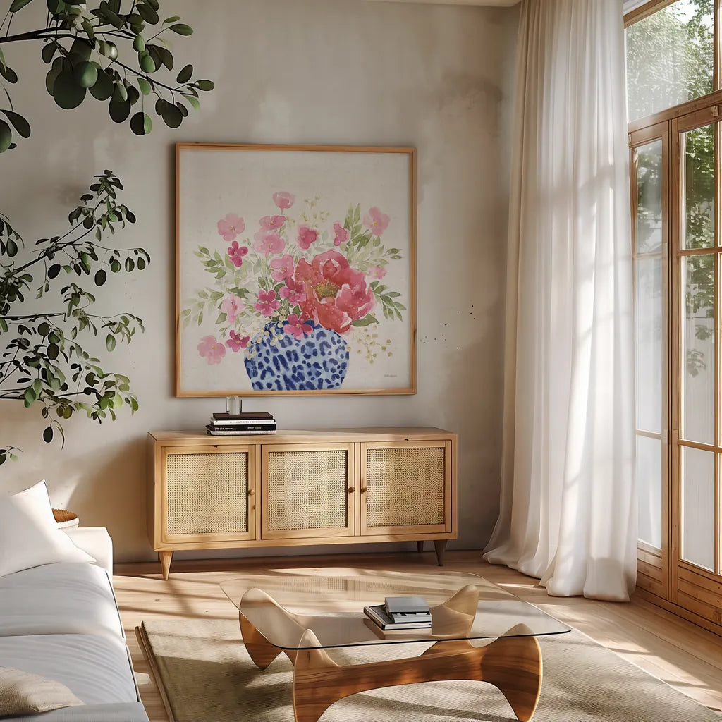 From the East V No Words by Beth Grove. Shown in a natural wood frame in a cozy modern living room. Available as an archival giclee rolled canvas, fine art paper, or poster print. SKU 65721a.