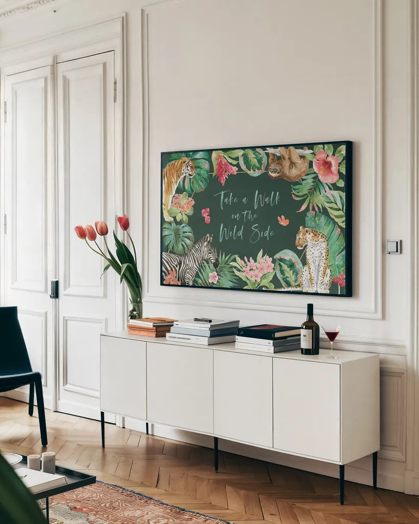 From the Jungle I Dark by Beth Grove. shown as a framed stretched canvas in a living room above a console. Available as a archival giclee rolled canvas, fine art paper, or poster print. SKU 61558i.