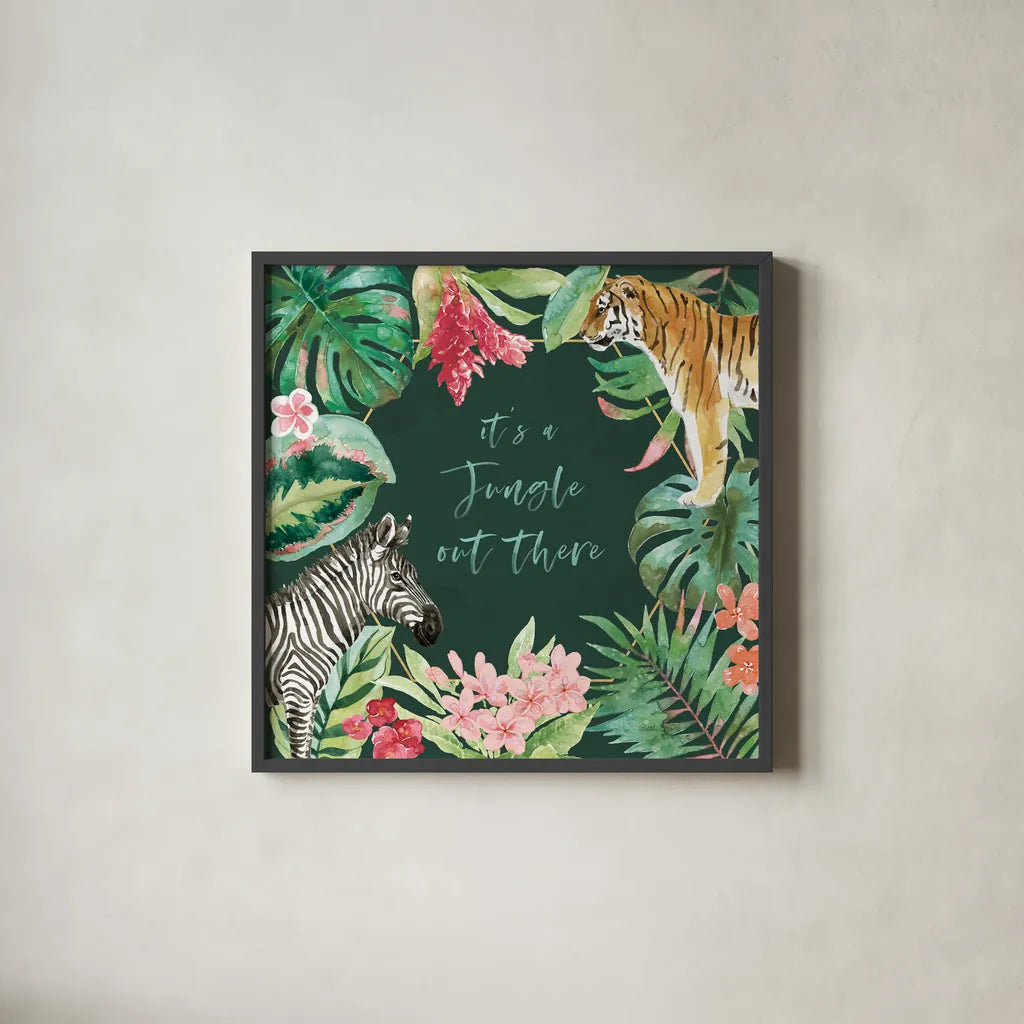 From the Jungle II Dark by Beth Grove. Shown in a sleek black glass frame for a contemporary gallery look. Available as an archival giclee rolled canvas, fine art paper, or poster print. SKU 61559a.
