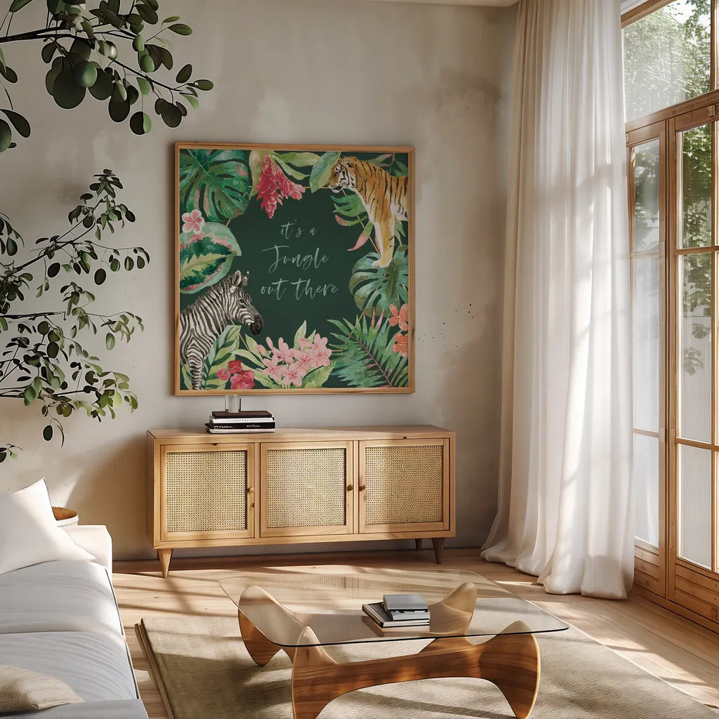 From the Jungle II Dark by Beth Grove. Shown in a natural wood frame in a cozy modern living room. Available as an archival giclee rolled canvas, fine art paper, or poster print. SKU 61559a.