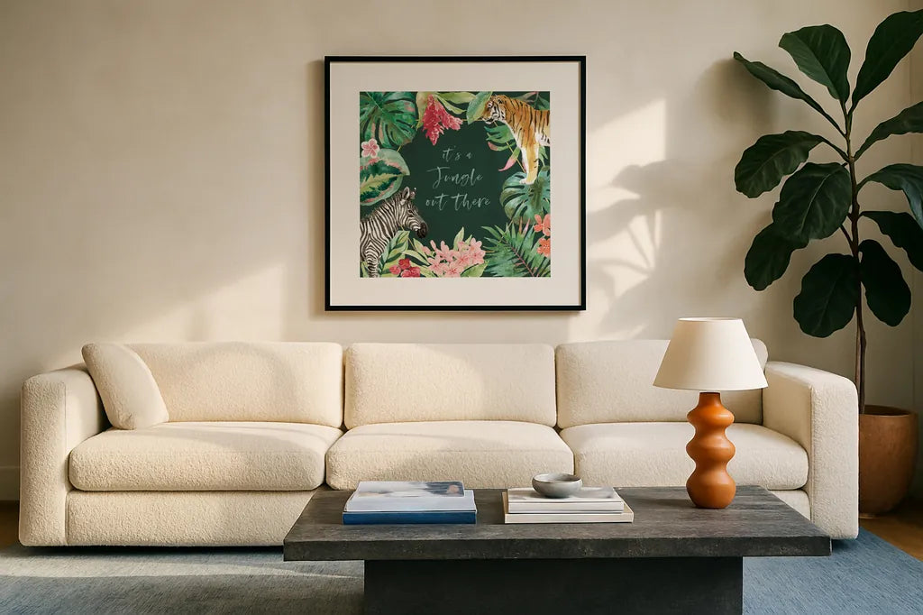 From the Jungle II Dark by Beth Grove. Displayed in a glass frame with matte in a clean modern living room. Available as an archival giclee rolled canvas, fine art paper, or poster print. SKU 61559a.