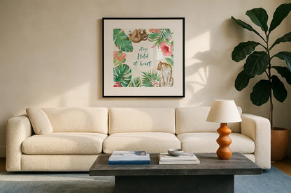 From the Jungle III by Beth Grove. Displayed in a glass frame with matte in a clean modern living room. Available as an archival giclee rolled canvas, fine art paper, or poster print. SKU 60700a.