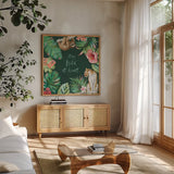From the Jungle III Dark by Beth Grove. Shown in a natural wood frame in a cozy modern living room. Available as an archival giclee rolled canvas, fine art paper, or poster print. SKU 61560a.