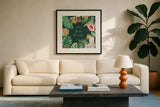 From the Jungle III Dark by Beth Grove. Displayed in a glass frame with matte in a clean modern living room. Available as an archival giclee rolled canvas, fine art paper, or poster print. SKU 61560a.