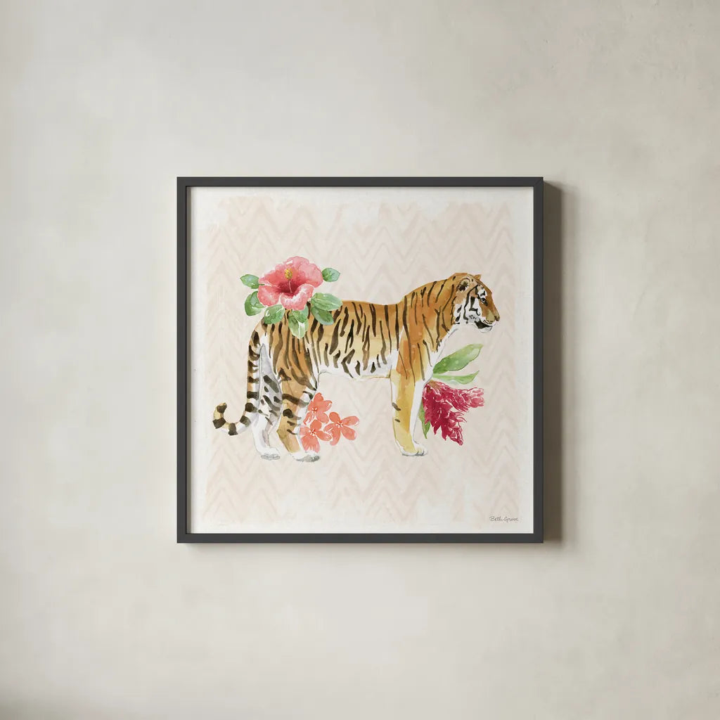 From the Jungle IV by Beth Grove. Shown in a sleek black glass frame for a contemporary gallery look. Available as an archival giclee rolled canvas, fine art paper, or poster print. SKU 60701a.