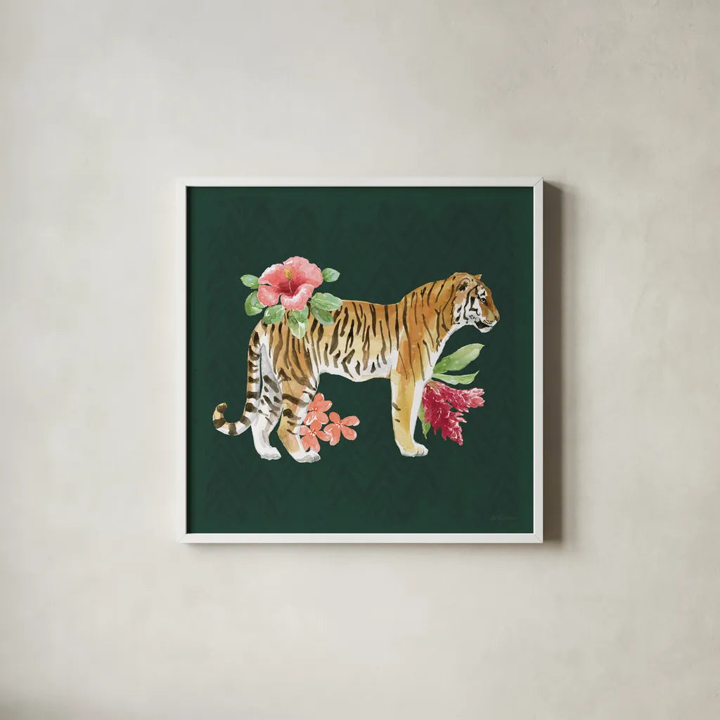 From the Jungle IV Dark by Beth Grove. Shown in a crisp white glass frame for a clean and minimalist style. Available as an archival giclee rolled canvas, fine art paper, or poster print. SKU 61561a.