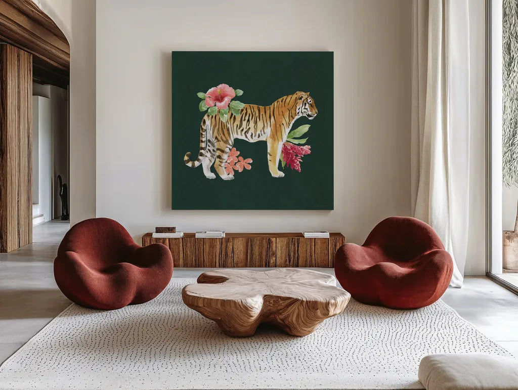 From the Jungle IV Dark by Beth Grove. Shown as extra-large giant wall art in a modern living room. Available as an archival giclee rolled canvas, fine art paper, or poster print. SKU 61561a.