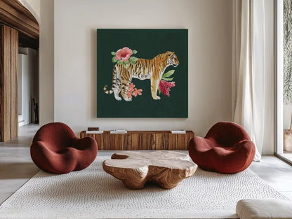 From the Jungle IV Dark by Beth Grove. Shown as extra-large giant wall art in a modern living room. Available as an archival giclee rolled canvas, fine art paper, or poster print. SKU 61561a.