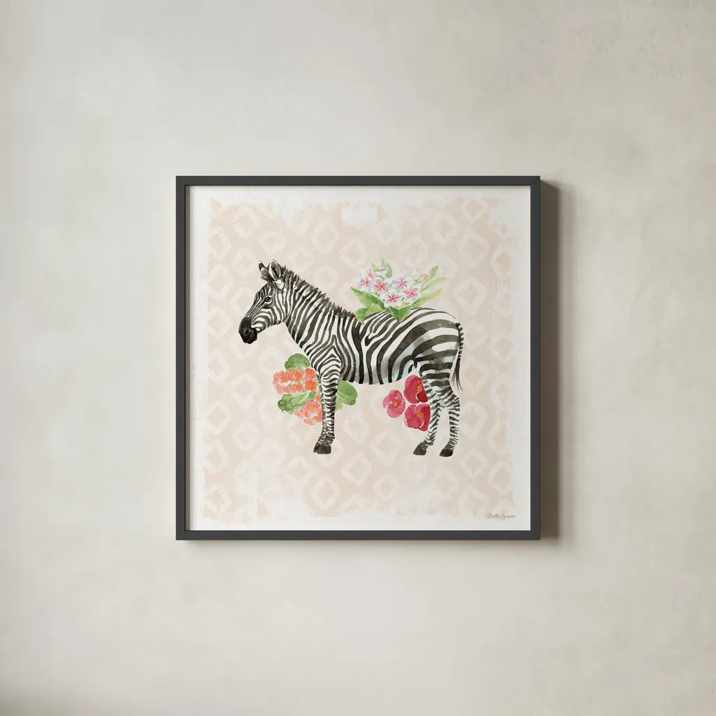 From the Jungle V by Beth Grove. Shown in a sleek black glass frame for a contemporary gallery look. Available as an archival giclee rolled canvas, fine art paper, or poster print. SKU 60702a.