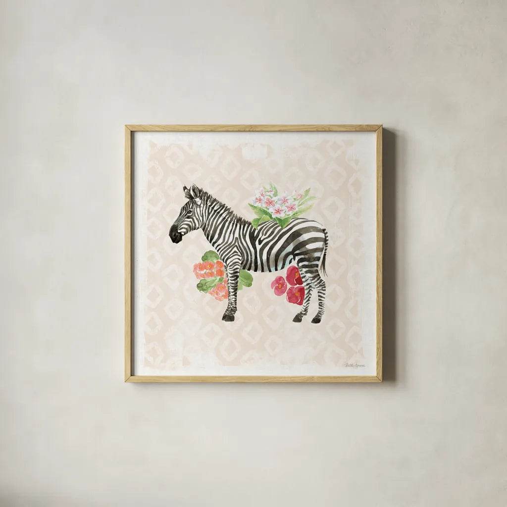 From the Jungle V by Beth Grove. Shown in a natural wood glass frame for a timeless modern aesthetic. Available as an archival giclee rolled canvas, fine art paper, or poster print. SKU 60702a.