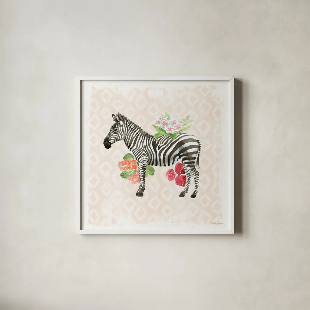 From the Jungle V by Beth Grove. Shown in a crisp white glass frame for a clean and minimalist style. Available as an archival giclee rolled canvas, fine art paper, or poster print. SKU 60702a.