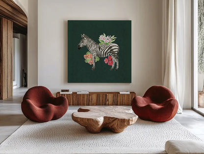 From the Jungle V Dark by Beth Grove. Shown as extra-large giant wall art in a modern living room. Available as an archival giclee rolled canvas, fine art paper, or poster print. SKU 61562a.