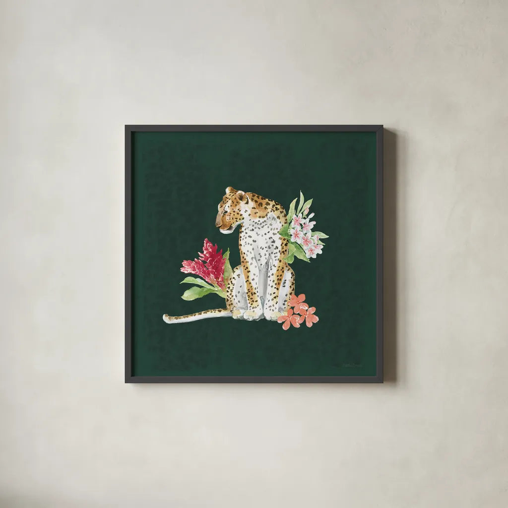 From the Jungle VII Dark by Beth Grove. Shown in a sleek black glass frame for a contemporary gallery look. Available as an archival giclee rolled canvas, fine art paper, or poster print. SKU 61564a.