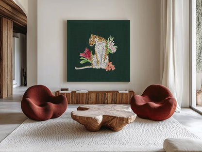 From the Jungle VII Dark by Beth Grove. Shown as extra-large giant wall art in a modern living room. Available as an archival giclee rolled canvas, fine art paper, or poster print. SKU 61564a.