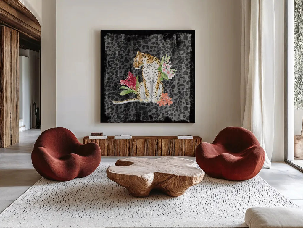 From the Jungle VII Grey by Beth Grove. Shown as extra-large giant wall art in a modern living room. Available as an archival giclee rolled canvas, fine art paper, or poster print. SKU 61841a.