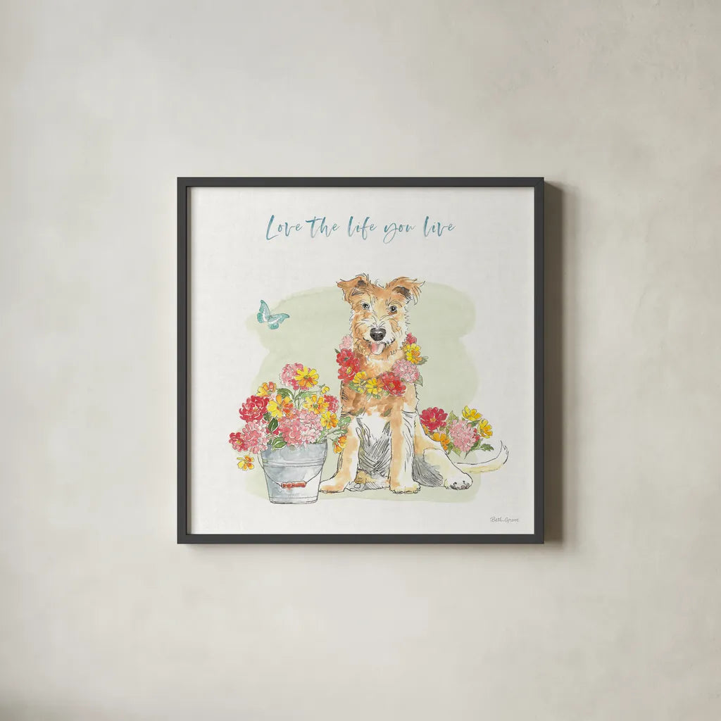 Furry Pals II by Beth Grove. Shown in a sleek black glass frame for a contemporary gallery look. Available as an archival giclee rolled canvas, fine art paper, or poster print. SKU 63423a.