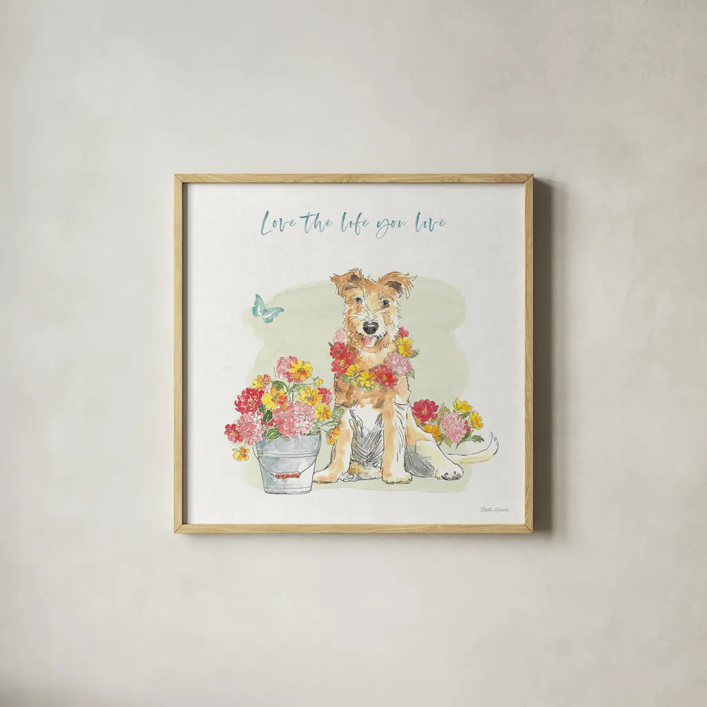 Furry Pals II by Beth Grove. Shown in a natural wood glass frame for a timeless modern aesthetic. Available as an archival giclee rolled canvas, fine art paper, or poster print. SKU 63423a.
