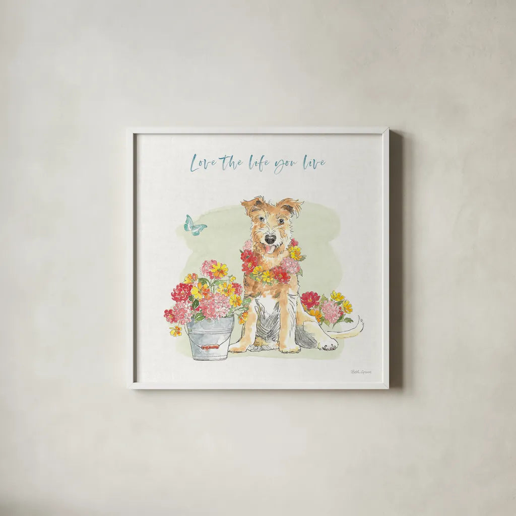 Furry Pals II by Beth Grove. Shown in a crisp white glass frame for a clean and minimalist style. Available as an archival giclee rolled canvas, fine art paper, or poster print. SKU 63423a.