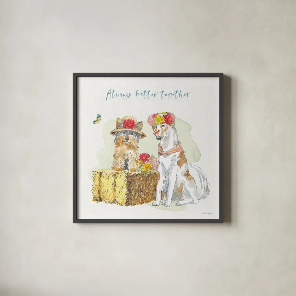 Furry Pals III by Beth Grove. Shown in a sleek black glass frame for a contemporary gallery look. Available as an archival giclee rolled canvas, fine art paper, or poster print. SKU 63424a.