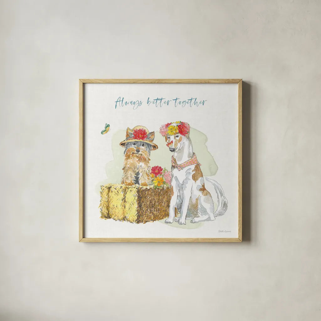 Furry Pals III by Beth Grove. Shown in a natural wood glass frame for a timeless modern aesthetic. Available as an archival giclee rolled canvas, fine art paper, or poster print. SKU 63424a.