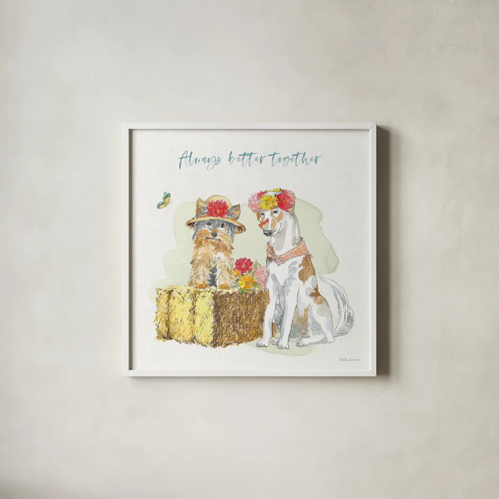 Furry Pals III by Beth Grove. Shown in a crisp white glass frame for a clean and minimalist style. Available as an archival giclee rolled canvas, fine art paper, or poster print. SKU 63424a.