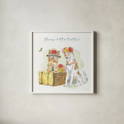 Furry Pals III by Beth Grove. Shown in a crisp white glass frame for a clean and minimalist style. Available as an archival giclee rolled canvas, fine art paper, or poster print. SKU 63424a.