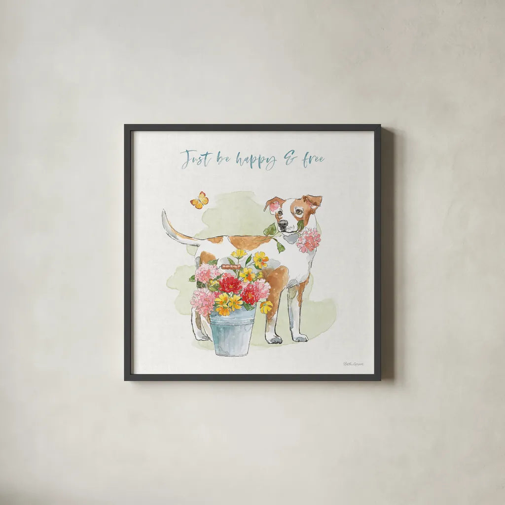 Furry Pals IV by Beth Grove. Shown in a sleek black glass frame for a contemporary gallery look. Available as an archival giclee rolled canvas, fine art paper, or poster print. SKU 63425a.