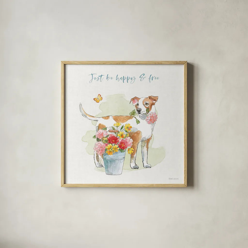 Furry Pals IV by Beth Grove. Shown in a natural wood glass frame for a timeless modern aesthetic. Available as an archival giclee rolled canvas, fine art paper, or poster print. SKU 63425a.