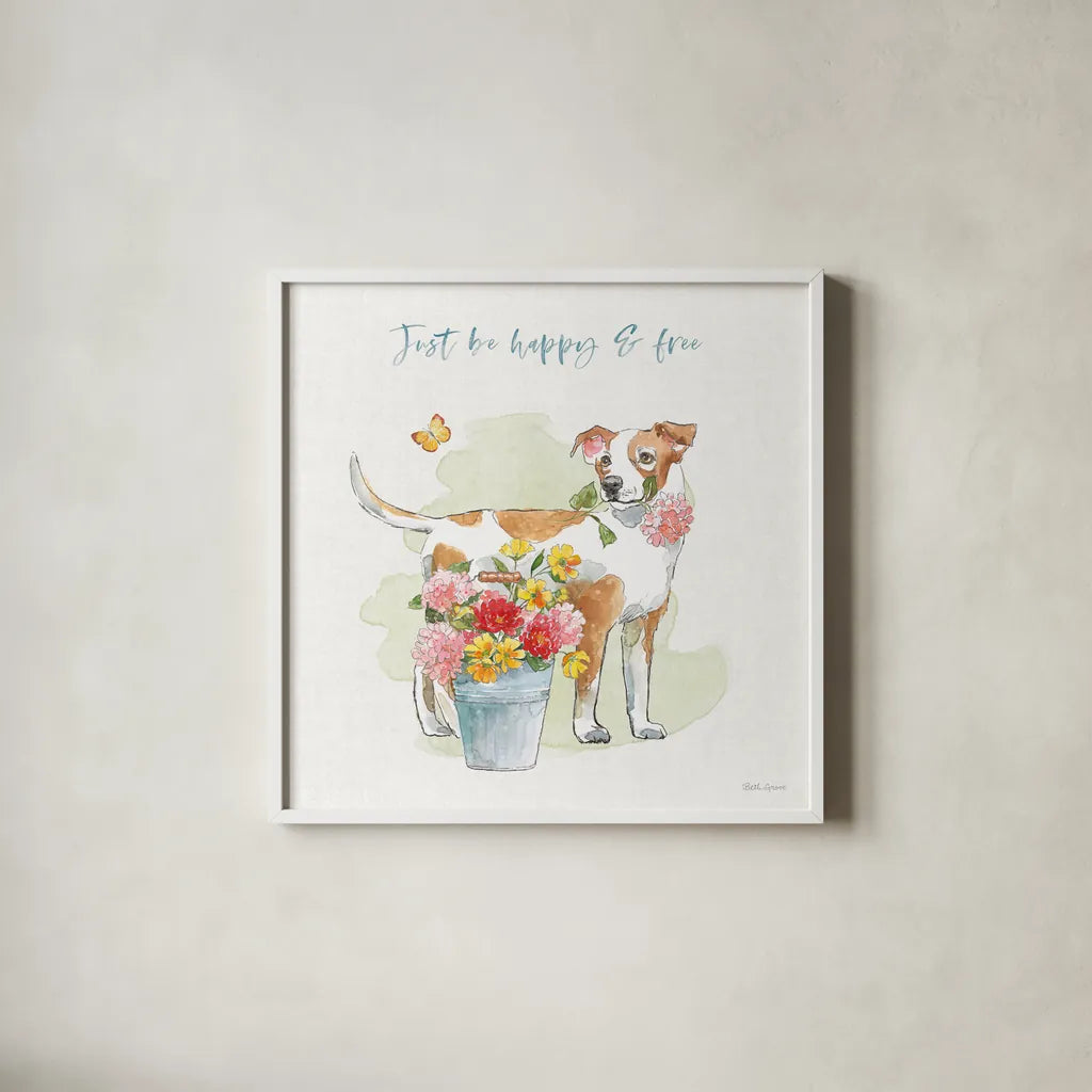 Furry Pals IV by Beth Grove. Shown in a crisp white glass frame for a clean and minimalist style. Available as an archival giclee rolled canvas, fine art paper, or poster print. SKU 63425a.