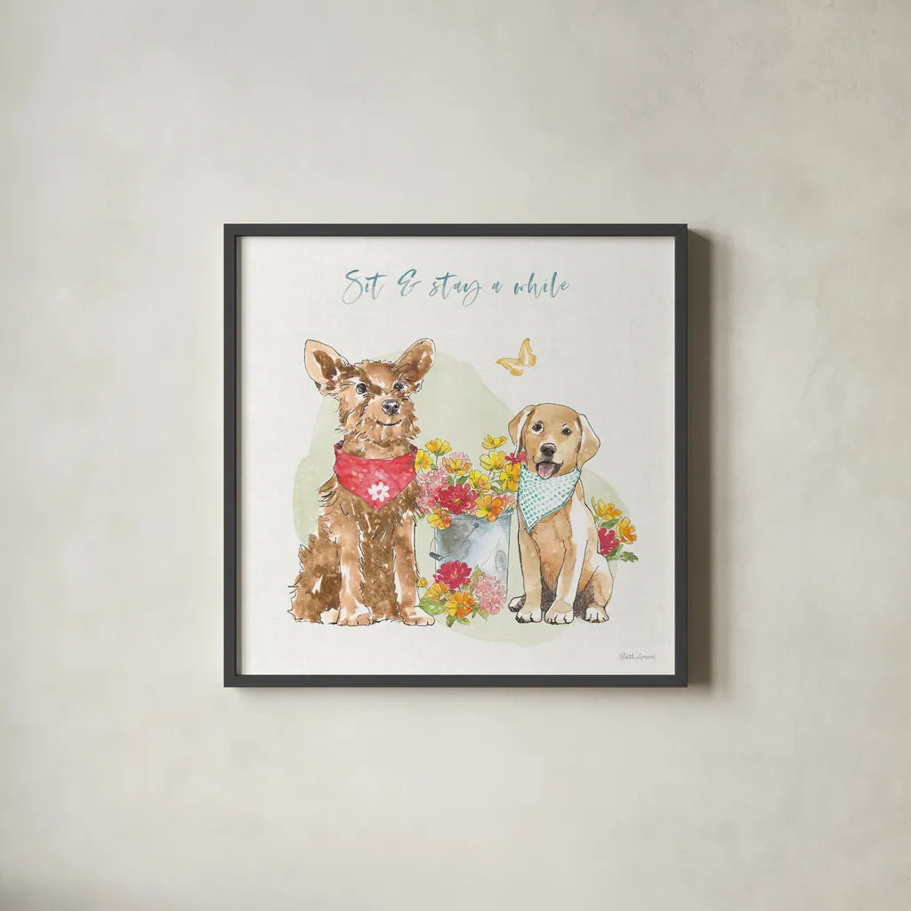 Furry Pals V by Beth Grove. Shown in a sleek black glass frame for a contemporary gallery look. Available as an archival giclee rolled canvas, fine art paper, or poster print. SKU 63426a.