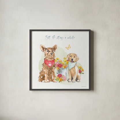 Furry Pals V by Beth Grove. Shown in a sleek black glass frame for a contemporary gallery look. Available as an archival giclee rolled canvas, fine art paper, or poster print. SKU 63426a.