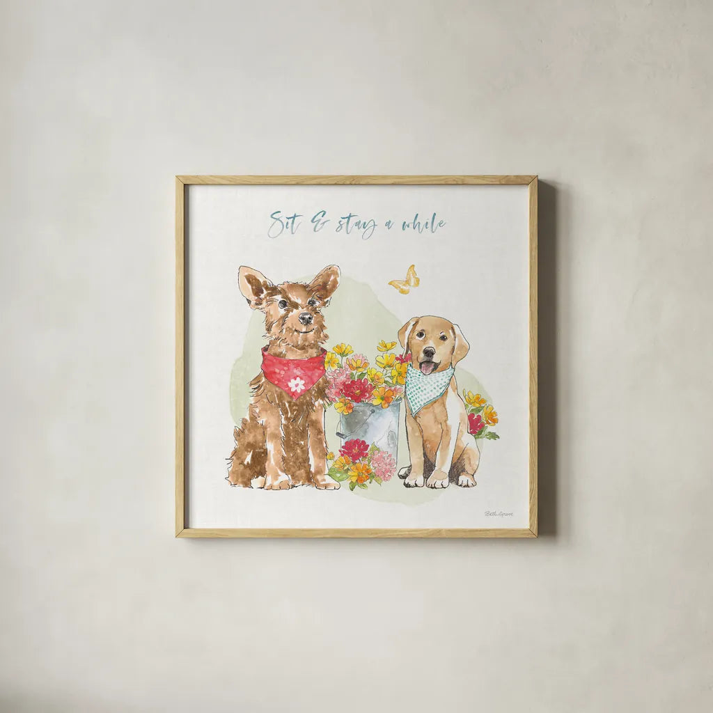Furry Pals V by Beth Grove. Shown in a natural wood glass frame for a timeless modern aesthetic. Available as an archival giclee rolled canvas, fine art paper, or poster print. SKU 63426a.