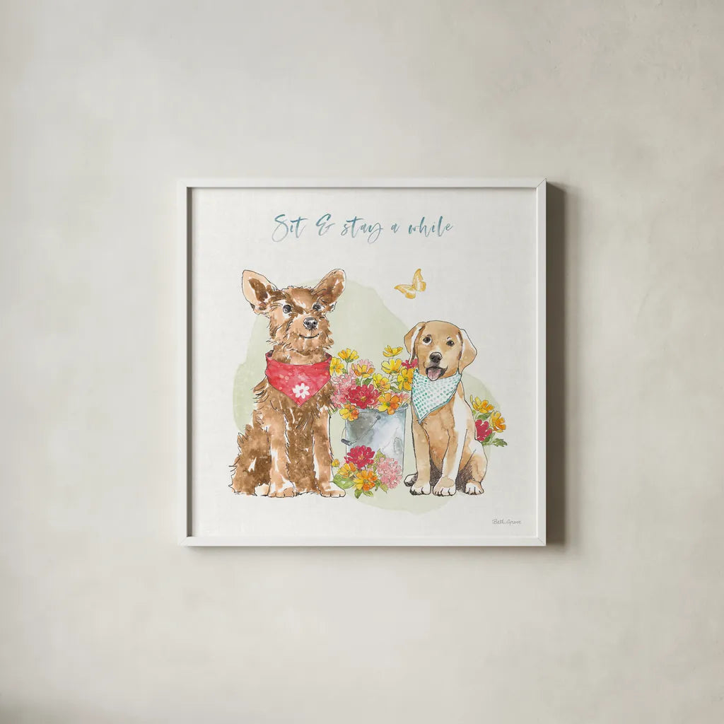 Furry Pals V by Beth Grove. Shown in a crisp white glass frame for a clean and minimalist style. Available as an archival giclee rolled canvas, fine art paper, or poster print. SKU 63426a.