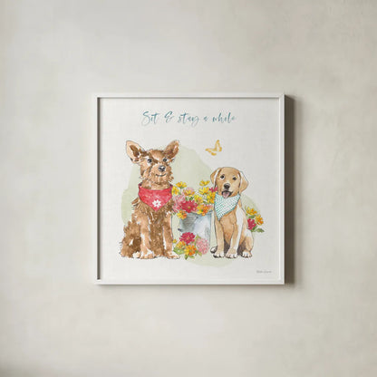 Furry Pals V by Beth Grove. Shown in a crisp white glass frame for a clean and minimalist style. Available as an archival giclee rolled canvas, fine art paper, or poster print. SKU 63426a.