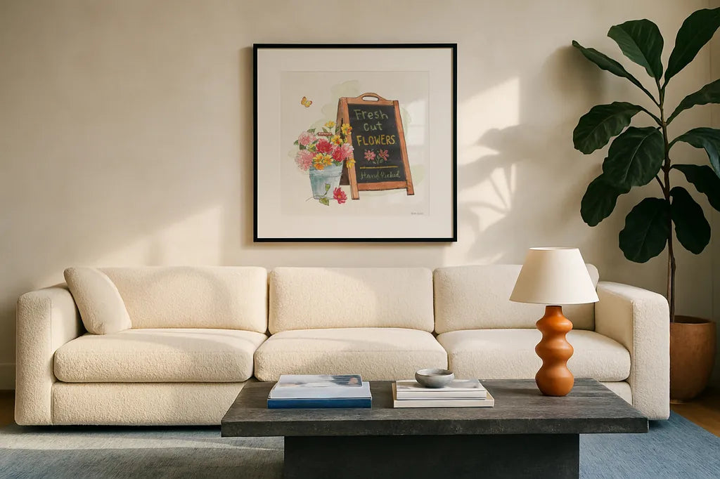 Furry Pals VI by Beth Grove. Displayed in a glass frame with matte in a clean modern living room. Available as an archival giclee rolled canvas, fine art paper, or poster print. SKU 63427a.