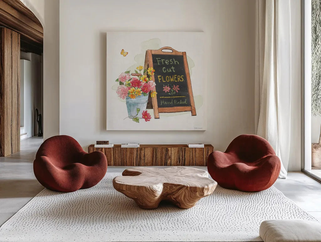 Furry Pals VI by Beth Grove. Shown as extra-large giant wall art in a modern living room. Available as an archival giclee rolled canvas, fine art paper, or poster print. SKU 63427a.