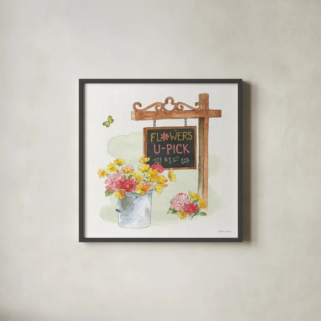 Furry Pals VII by Beth Grove. Shown in a sleek black glass frame for a contemporary gallery look. Available as an archival giclee rolled canvas, fine art paper, or poster print. SKU 63428a.