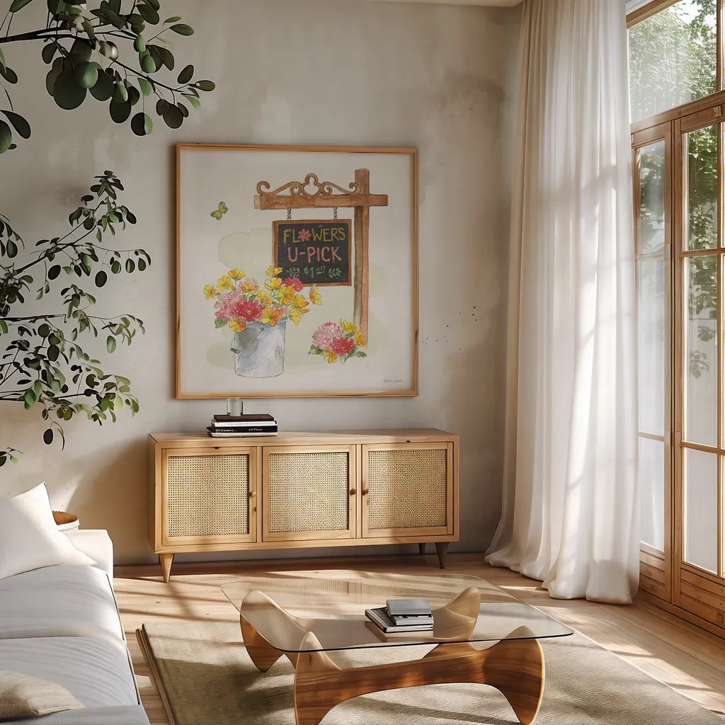 Furry Pals VII by Beth Grove. Shown in a natural wood frame in a cozy modern living room. Available as an archival giclee rolled canvas, fine art paper, or poster print. SKU 63428a.