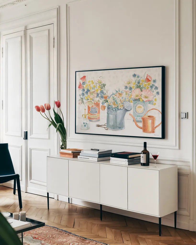 Gardenscape I by Beth Grove. shown as a framed stretched canvas in a living room above a console. Available as a archival giclee rolled canvas, fine art paper, or poster print. SKU 73500i.