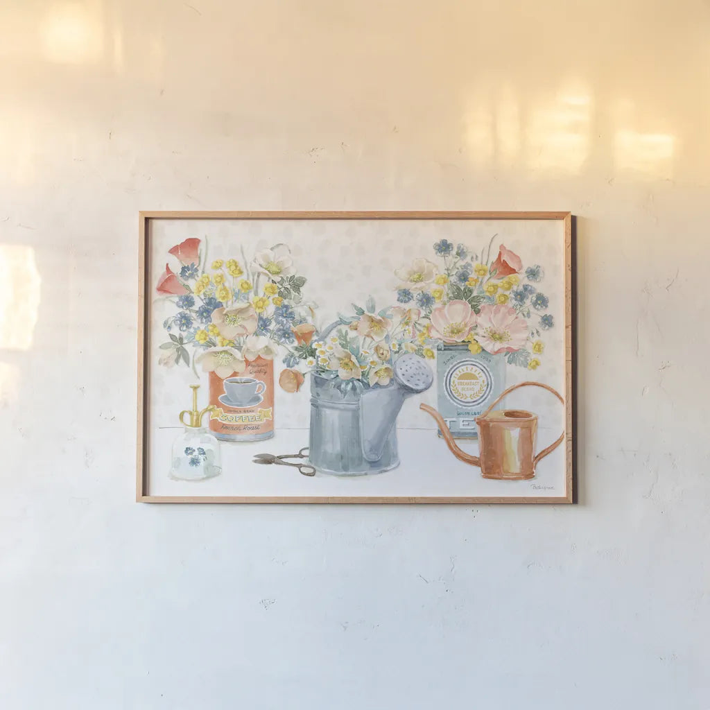 Gardenscape I by Beth Grove. shown as a paper print in a natural frame. Available as a archival giclee rolled canvas, fine art paper, or poster print. SKU 73500i.