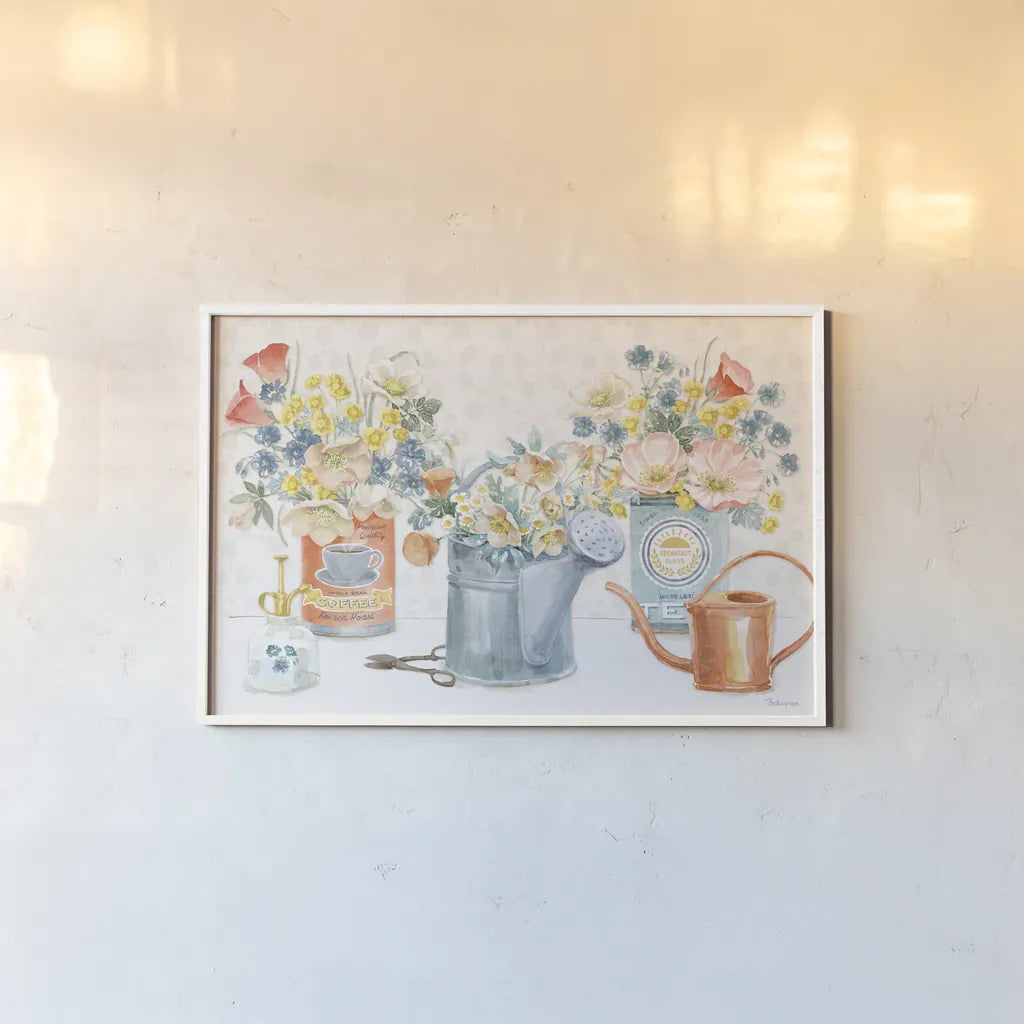 Gardenscape I by Beth Grove. shown as a paper print in a white frame. Available as a archival giclee rolled canvas, fine art paper, or poster print. SKU 73500i.