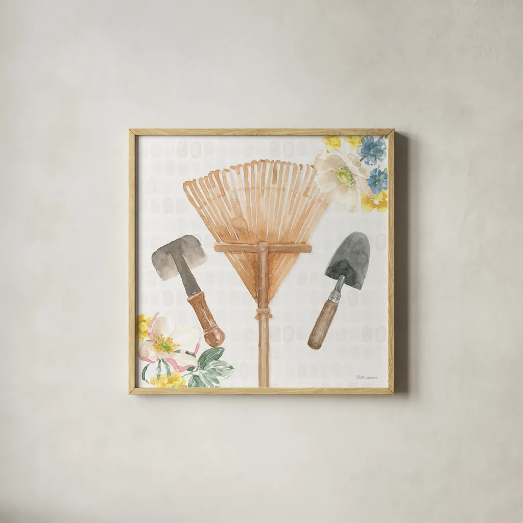 Gardenscape IV by Beth Grove. Shown in a natural wood glass frame for a timeless modern aesthetic. Available as an archival giclee rolled canvas, fine art paper, or poster print. SKU 73503a.