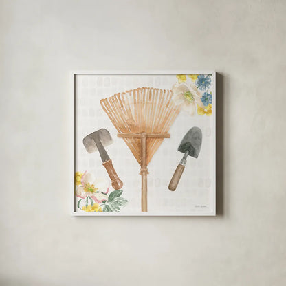 Gardenscape IV by Beth Grove. Shown in a crisp white glass frame for a clean and minimalist style. Available as an archival giclee rolled canvas, fine art paper, or poster print. SKU 73503a.