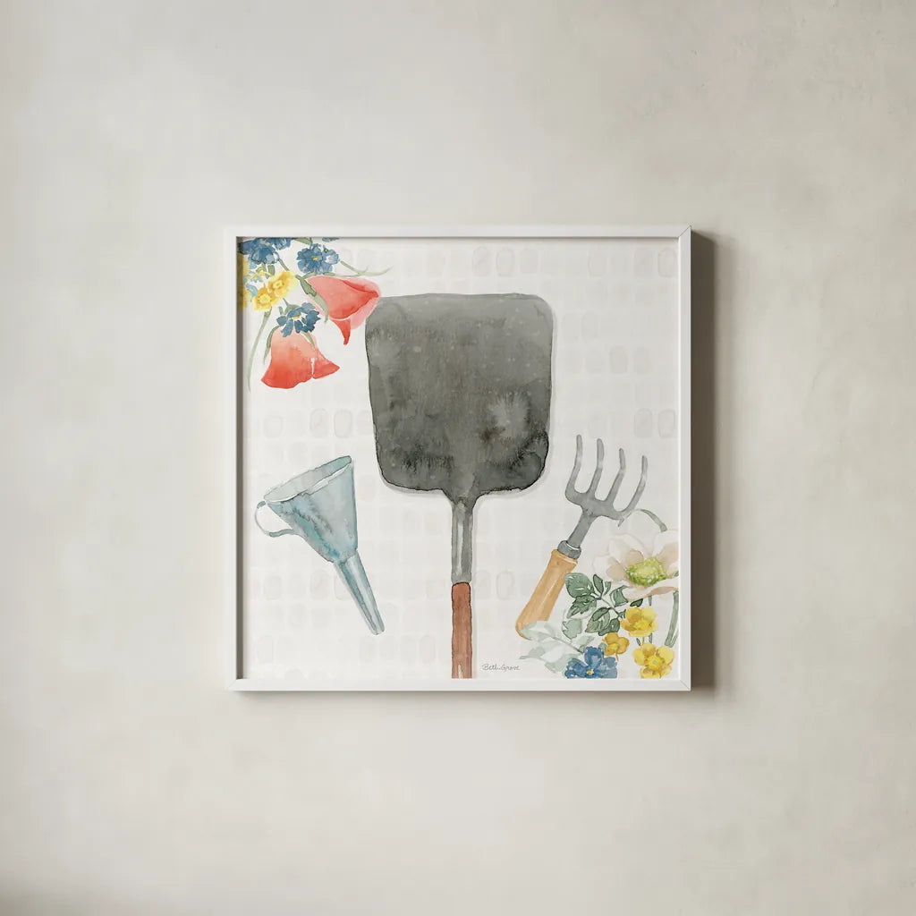 Gardenscape V by Beth Grove. Shown in a crisp white glass frame for a clean and minimalist style. Available as an archival giclee rolled canvas, fine art paper, or poster print. SKU 73504a.