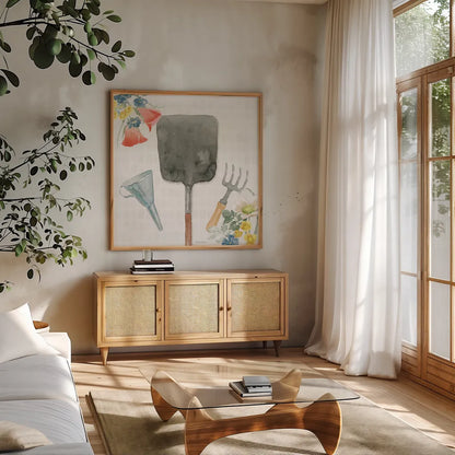 Gardenscape V by Beth Grove. Shown in a natural wood frame in a cozy modern living room. Available as an archival giclee rolled canvas, fine art paper, or poster print. SKU 73504a.