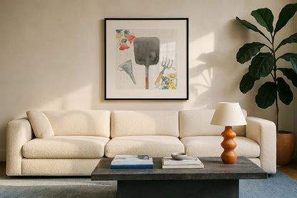 Gardenscape V by Beth Grove. Displayed in a glass frame with matte in a clean modern living room. Available as an archival giclee rolled canvas, fine art paper, or poster print. SKU 73504a.
