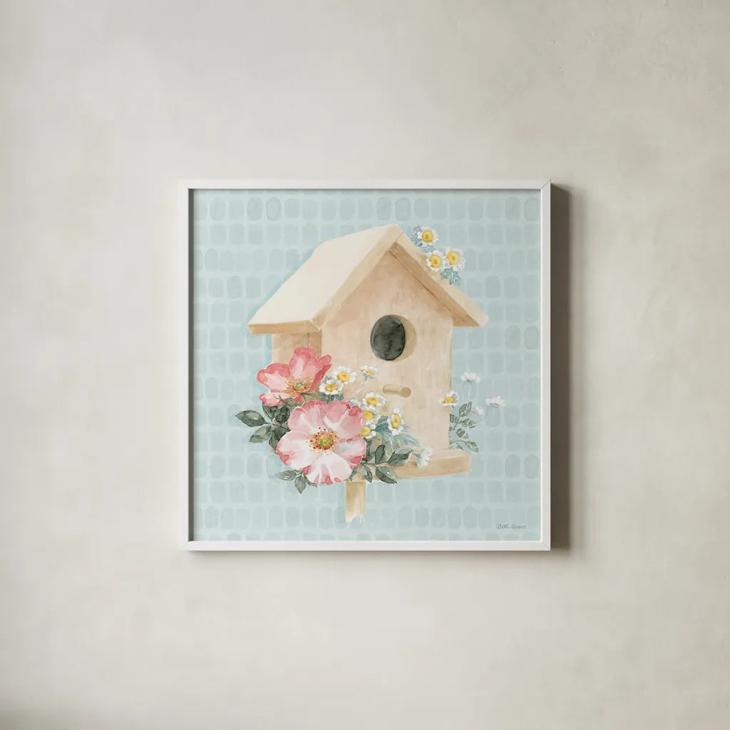 Gardenscape X by Beth Grove. Shown in a crisp white glass frame for a clean and minimalist style. Available as an archival giclee rolled canvas, fine art paper, or poster print. SKU 73509a.