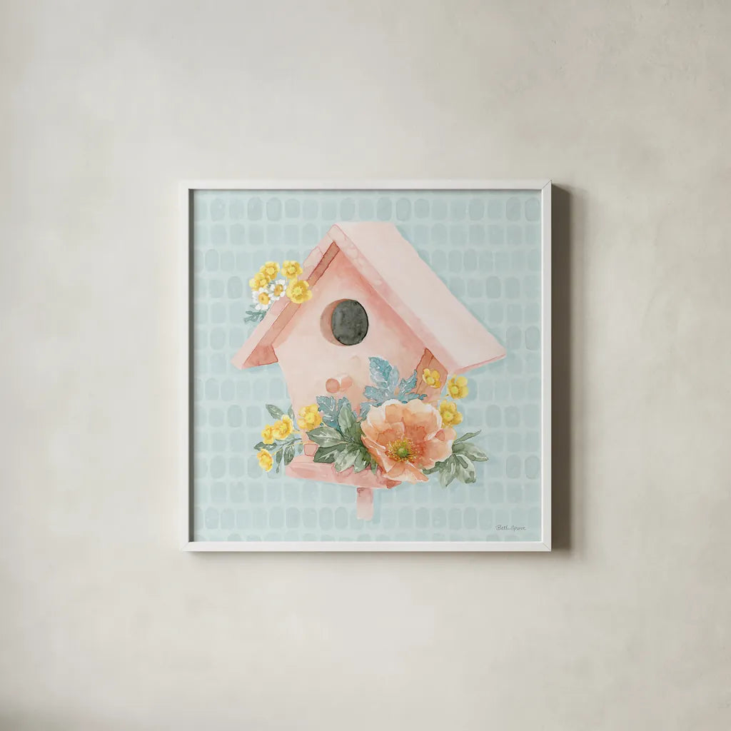 Gardenscape XI by Beth Grove. Shown in a crisp white glass frame for a clean and minimalist style. Available as an archival giclee rolled canvas, fine art paper, or poster print. SKU 73510a.