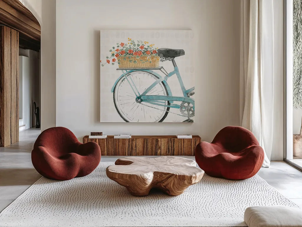 Gardenscape XVI by Beth Grove. Shown as extra-large giant wall art in a modern living room. Available as an archival giclee rolled canvas, fine art paper, or poster print. SKU 73515a.